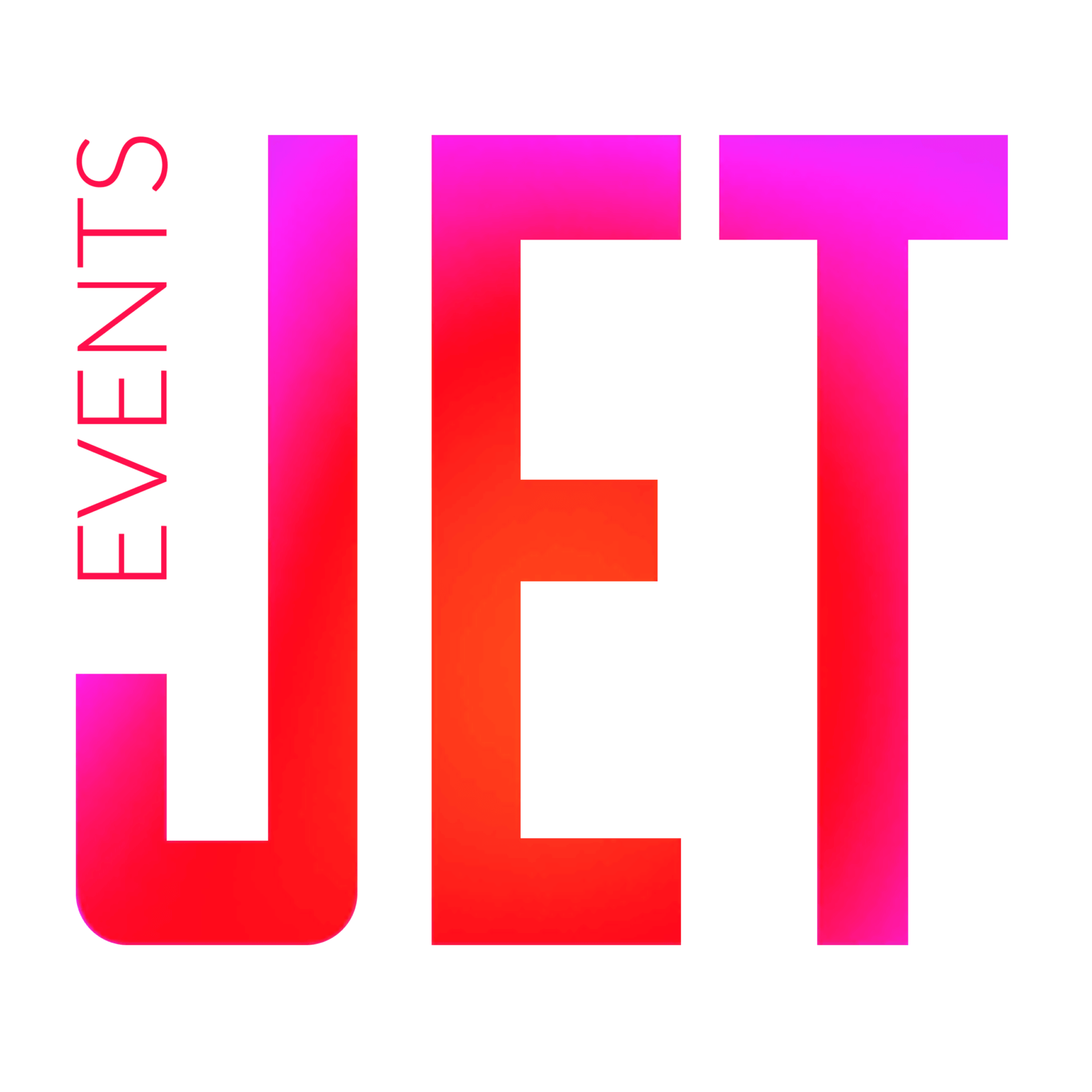 Großer Text mit Farbverlauf, der "JET" in Rot und Rosa schreibt, mit dem Wort "EVENTS" in kleineren roten vertikalen Buchstaben auf der linken Seite, alles auf einem weißen Hintergrund.