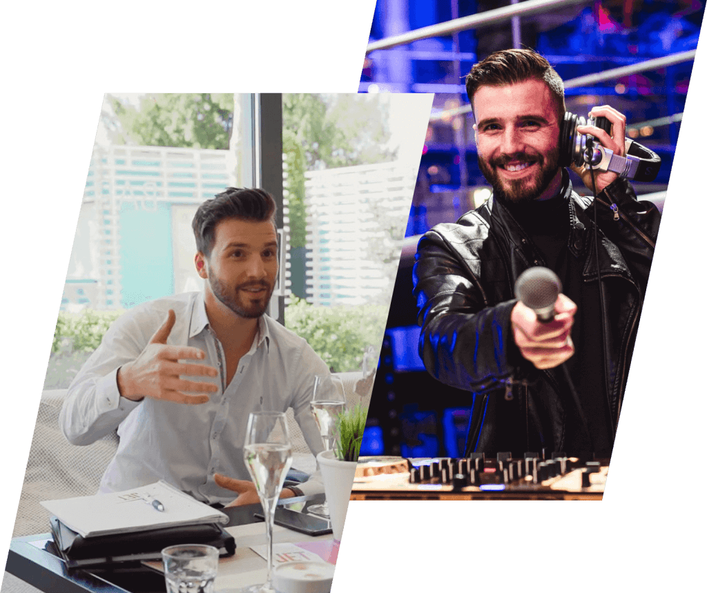 Das Gesicht hinter JET Events: Links sitzt ein Mann im weißen Hemd gestikulierend mit Papieren und Brille an einem Schreibtisch, rechts legt er lächelnd als DJ auf und hält ein Mikrofon in die Kamera.