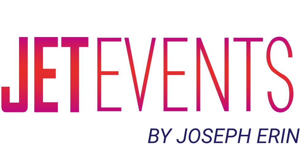 Logo mit dem Text "JET EVENTS" in fetten, von rosa zu orange verlaufenden Buchstaben und "BY JOSEPH ERIN" in kleinerer, kursiver dunkelblauer Schrift darunter und rechts.