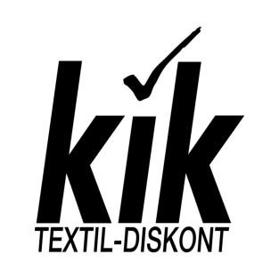 Logo mit dem Wort "kik" in fetten schwarzen Buchstaben, einem Häkchen über dem "i" und dem Schriftzug "TEXTIL-DISKONT" in einem weißen Feld darunter, alles auf hellgrauem Hintergrund.